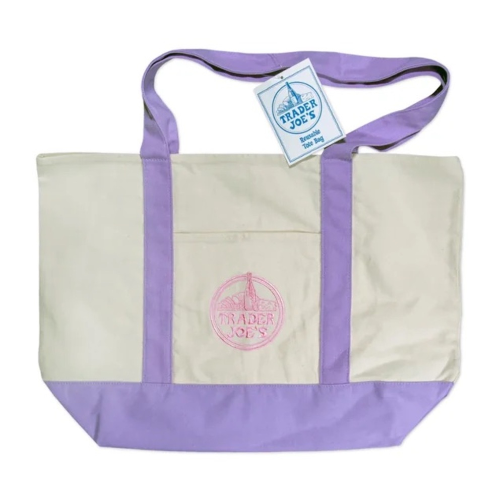 Trader Joe’s Large Lavender Reusable Canvas Tote Bag with Pink Embroidered Logo
